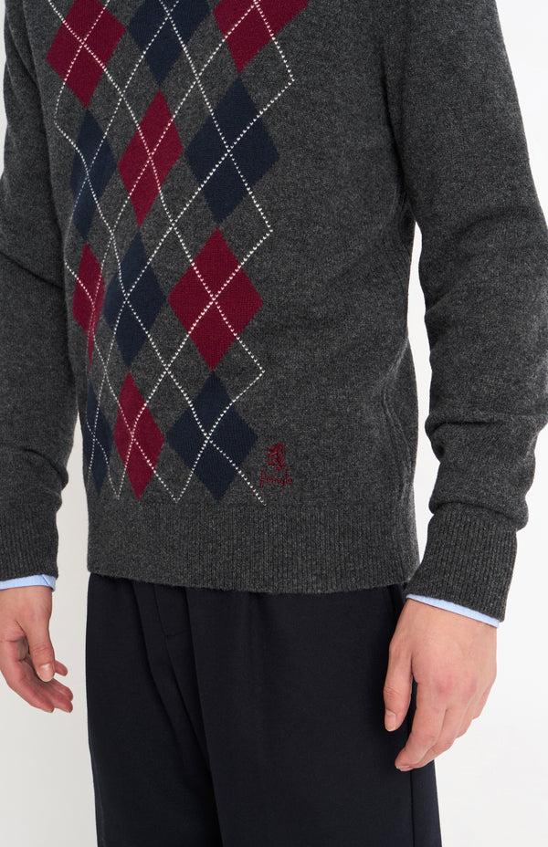 Pringle Of Scotland Men's Kessock V-neck Supersoft Lambswool Argyle Jumper In Charcoal / Burgundy / Navy