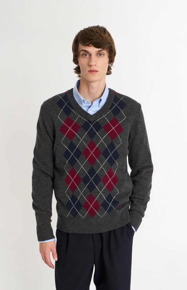 pringle of scotland Men's Kessock V-neck Supersoft Lambswool Argyle Jumper In Charcoal / Burgundy / Navy