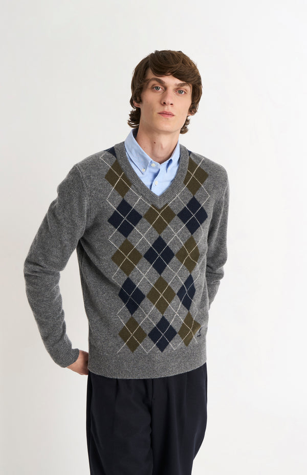Pringle Of Scotland Men's Kessock V-neck Supersoft Lambswool Argyle Jumper In Grey / Olive / Navy