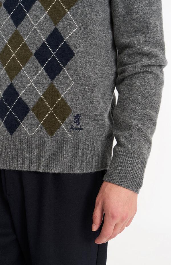Pringle Of Scotland Men's Kessock V-neck Supersoft Lambswool Argyle Jumper In Grey / Olive / Navy