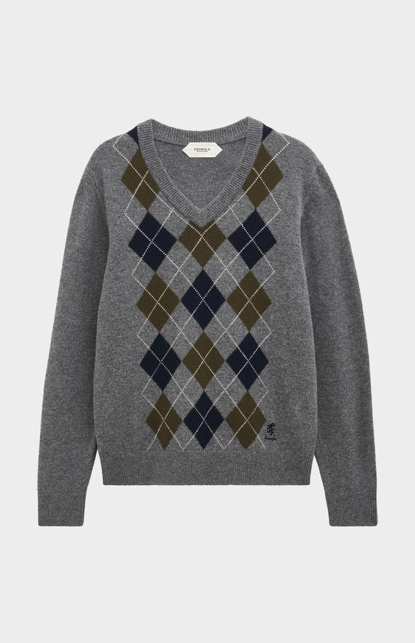 pringle of scotland Men's Kessock V-neck Supersoft Lambswool Argyle Jumper In Grey / Olive / Navy