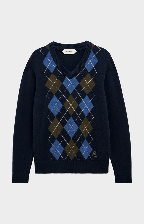 pringle of scotland Men's Kessock V-neck Supersoft Lambswool Argyle Jumper In Navy / Blue / Olive