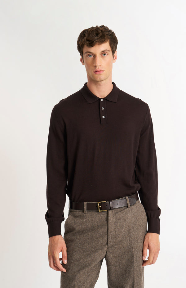pringle of scotland Men's Polo Shirt Extra Fine Merino Wool Jumper In Dark Brown