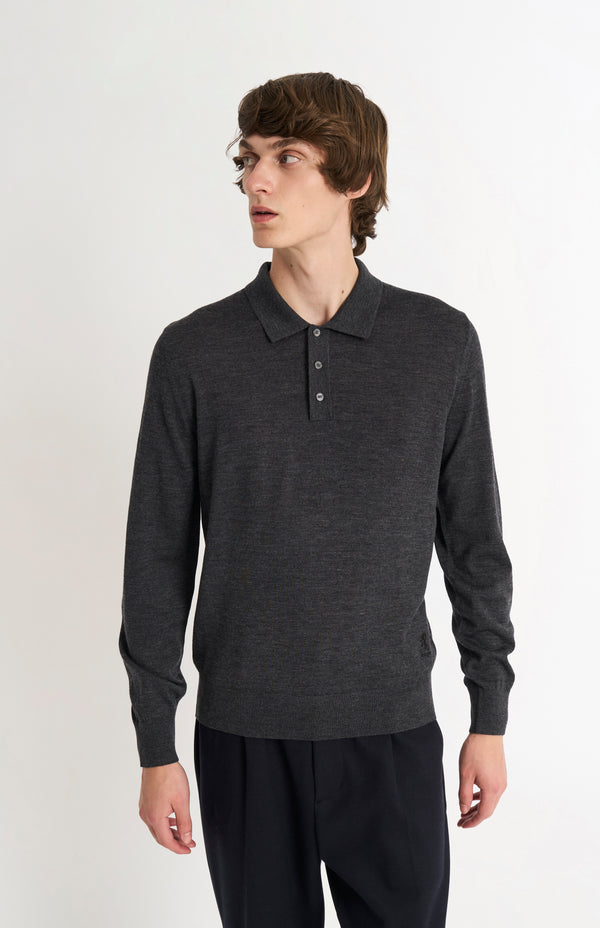 pringle of scotland Men's Polo Shirt Extra Fine Merino Wool Jumper In Charcoal Melange