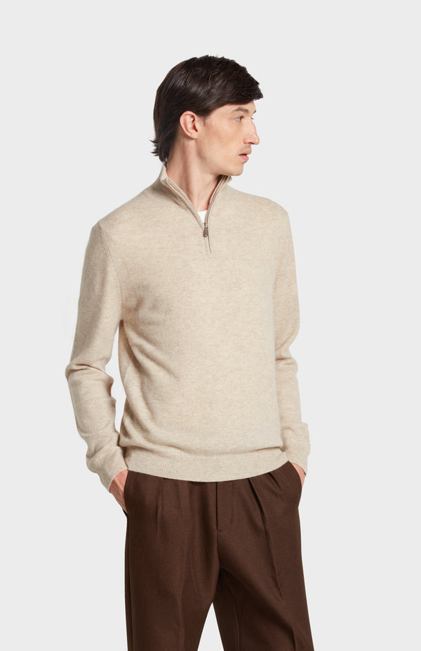 pringle of scotland Men's Qtr Zip Cashmere Classic Jumper In Oatmeal