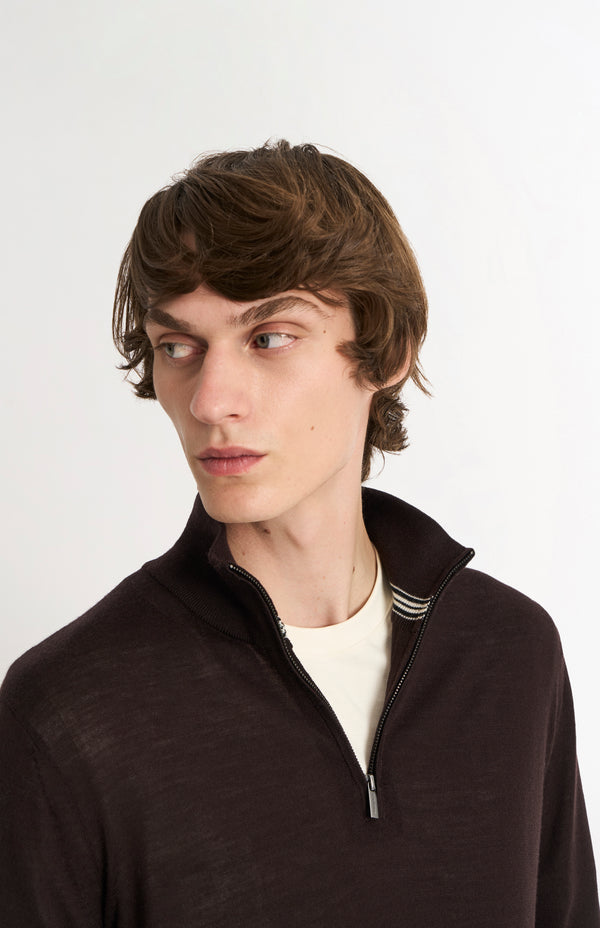 Pringle Of Scotland Men's Qtr Zip Extra Fine Merino Wool Jumper In Dark Brown