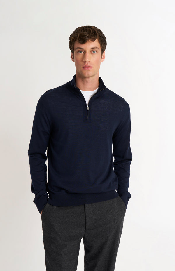 pringle of scotland Men's Qtr Zip Extra Fine Merino Wool Jumper In Navy Blue
