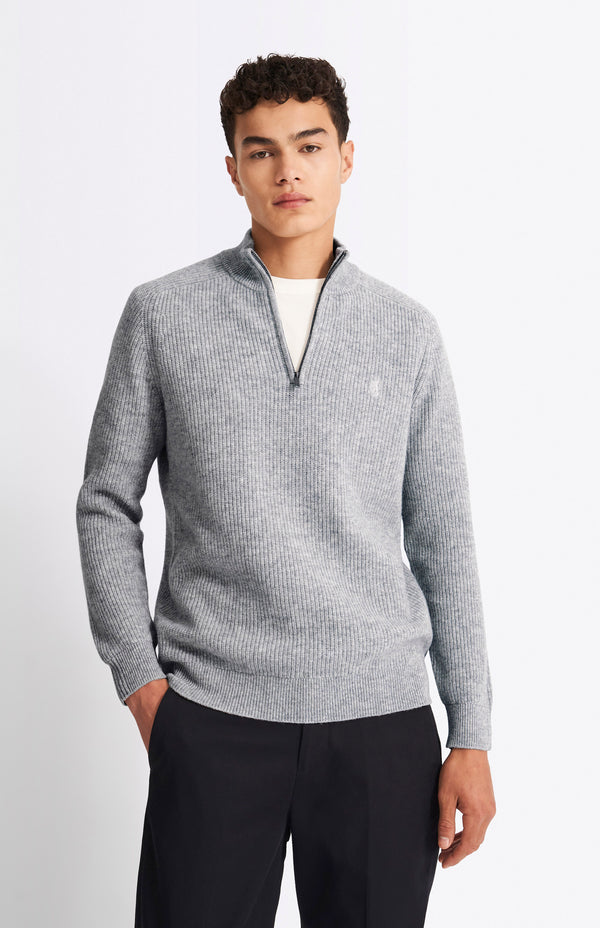 Pringle Of Scotland Qtr Zip Cardigan Rib Lambswool Jumper In Light Grey