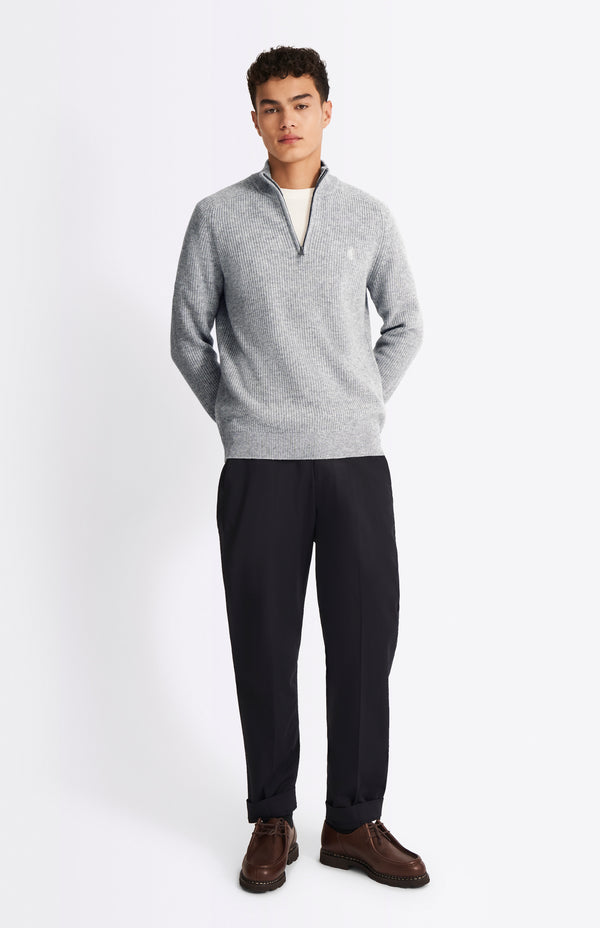 Pringle Of Scotland Qtr Zip Cardigan Rib Lambswool Jumper In Light Grey