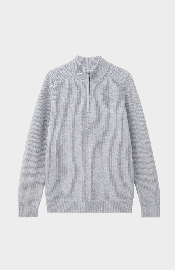 Pringle Of Scotland Qtr Zip Cardigan Rib Lambswool Jumper In Light Grey