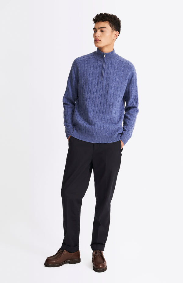 Pringle Of Scotland Quarter Zip Lambswool Cable Knit Jumper In Dark Indigo