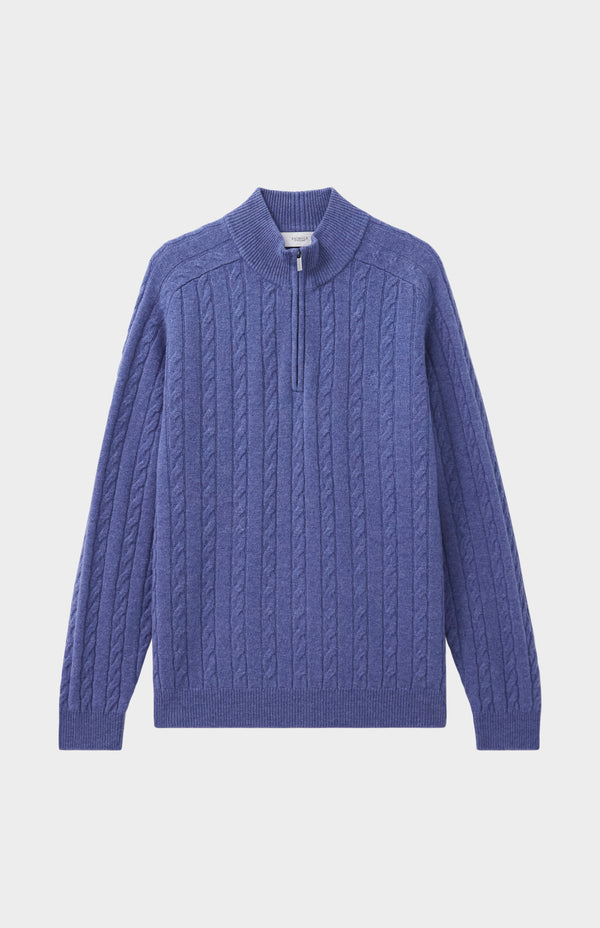 Pringle Of Scotland Quarter Zip Lambswool Cable Knit Jumper In Dark Indigo