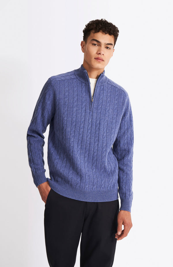 pringle of scotland Quarter Zip Lambswool Cable Knit Jumper In Dark Indigo