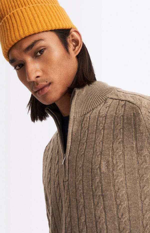 Pringle Of Scotland Quarter Zip Lambswool Cable Knit Jumper In Dark Natural