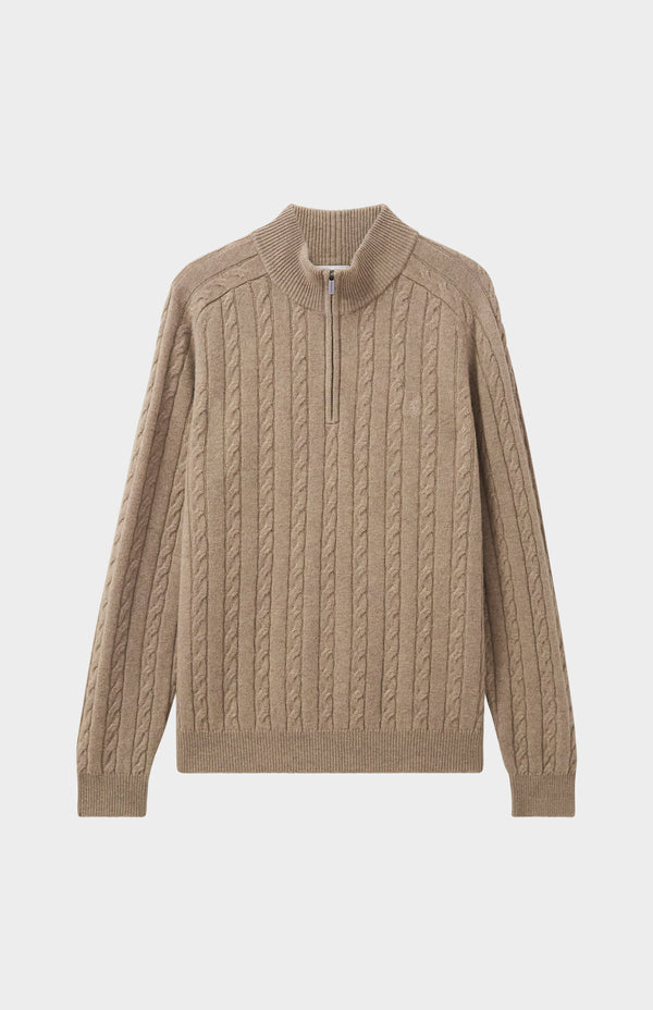 Pringle Of Scotland Quarter Zip Lambswool Cable Knit Jumper In Dark Natural