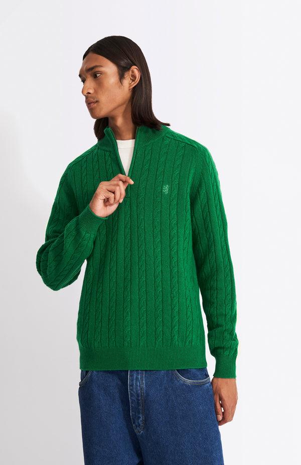 Pringle Of Scotland Quarter Zip Lambswool Cable Knit Jumper In Dark Pine