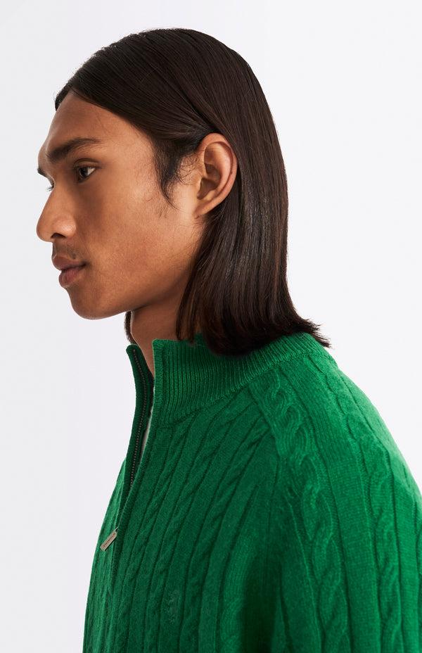 Pringle Of Scotland Quarter Zip Lambswool Cable Knit Jumper In Dark Pine