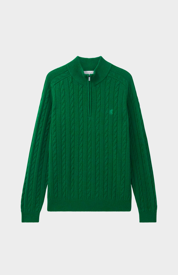 Pringle Of Scotland Quarter Zip Lambswool Cable Knit Jumper In Dark Pine