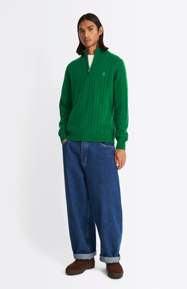 pringle of scotland Quarter Zip Lambswool Cable Knit Jumper In Dark Pine