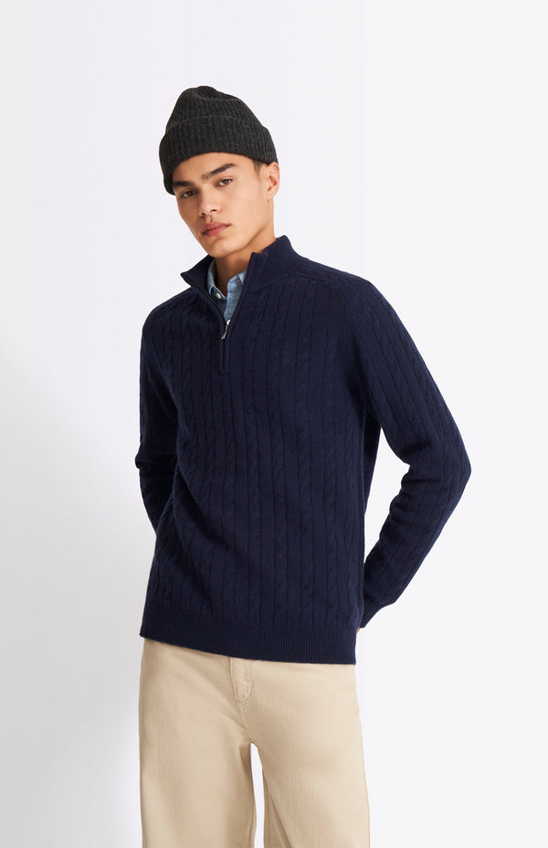 Pringle Of Scotland Quarter Zip Lambswool Cable Knit Jumper In Midnight