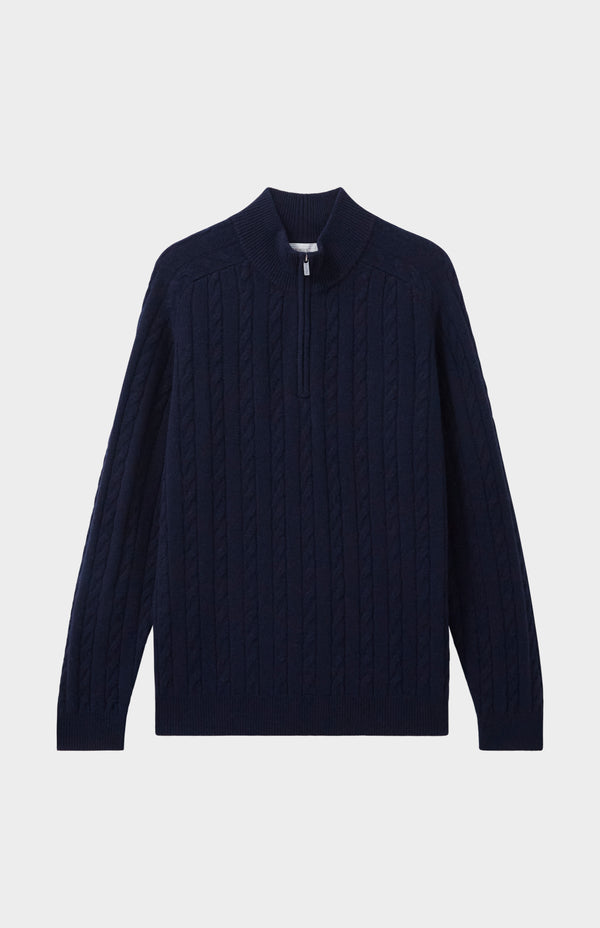 Pringle Of Scotland Quarter Zip Lambswool Cable Knit Jumper In Midnight
