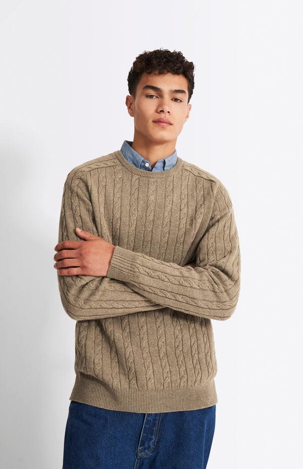 Pringle Of Scotland Round Neck Cable Knit Lambswool Jumper In Dark Natural