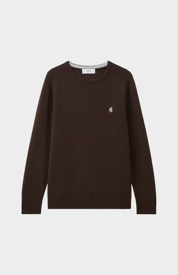 Pringle Of Scotland Round Neck Lambswool Contrast Jumper In Dark Umber