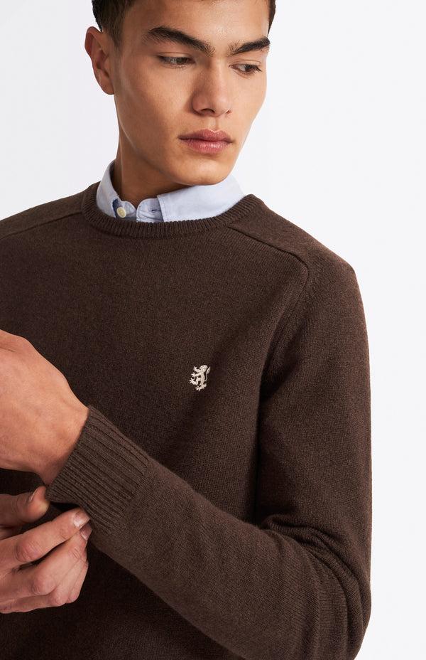 pringle of scotland Round Neck Lambswool Contrast Jumper In Dark Umber