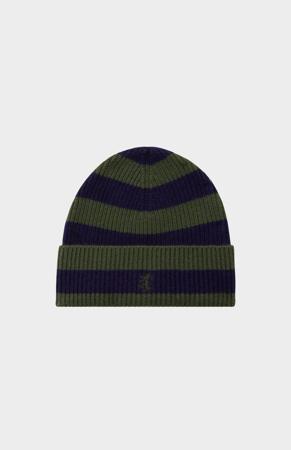 pringle of scotland Stripped Rib Cashmere Beanie In Evergreen and Navy
