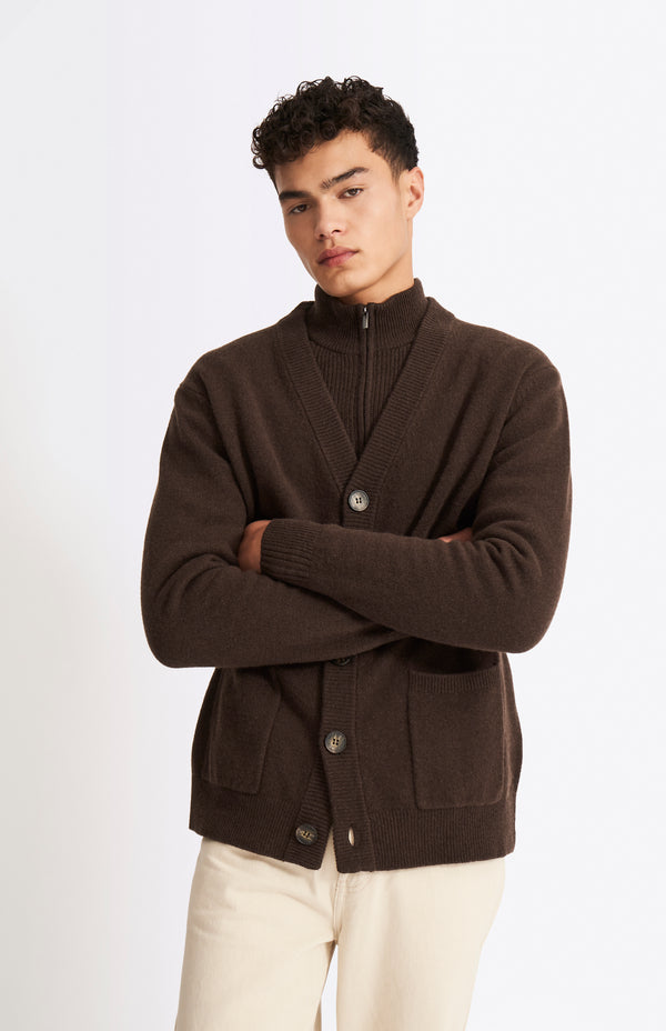 Pringle Of Scotland V Neck Lambswool Cardigan In Dark Umber