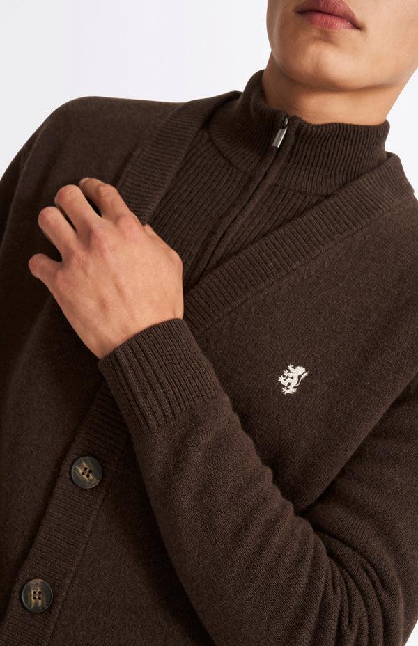 Pringle Of Scotland V Neck Lambswool Cardigan In Dark Umber