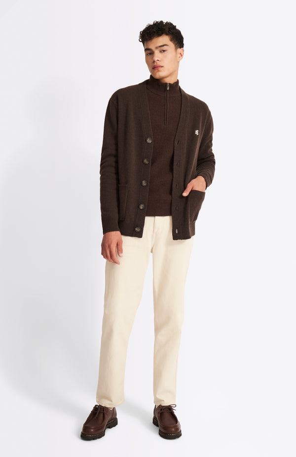 pringle of scotland V Neck Lambswool Cardigan In Dark Umber