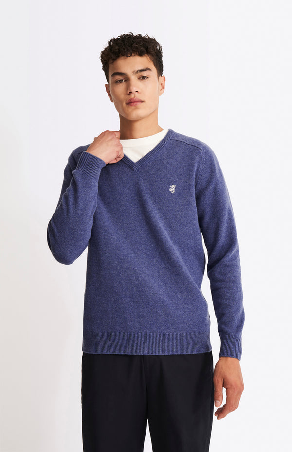 Pringle Of Scotland V Neck Lambswool Jumper In Dark Indigo With Contrast Tipping