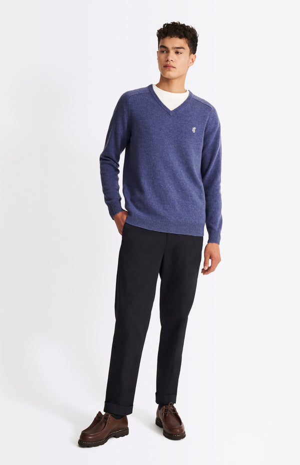 Pringle Of Scotland V Neck Lambswool Jumper In Dark Indigo With Contrast Tipping