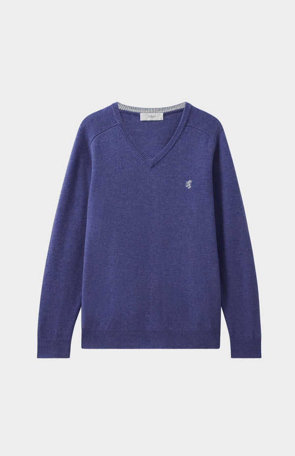 Pringle Of Scotland V Neck Lambswool Jumper In Dark Indigo With Contrast Tipping