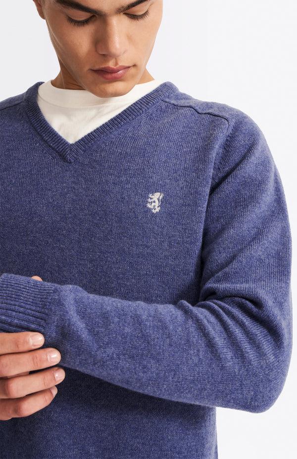 pringle of scotland V Neck Lambswool Jumper In Dark Indigo With Contrast Tipping