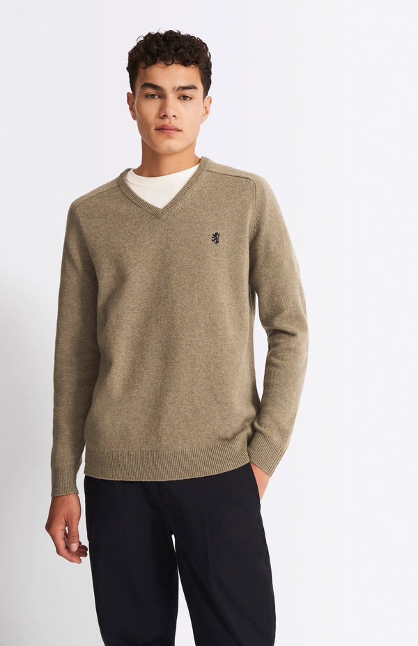 Pringle Of Scotland V Neck Lambswool Jumper In Dark Natural With Contrast Tipping
