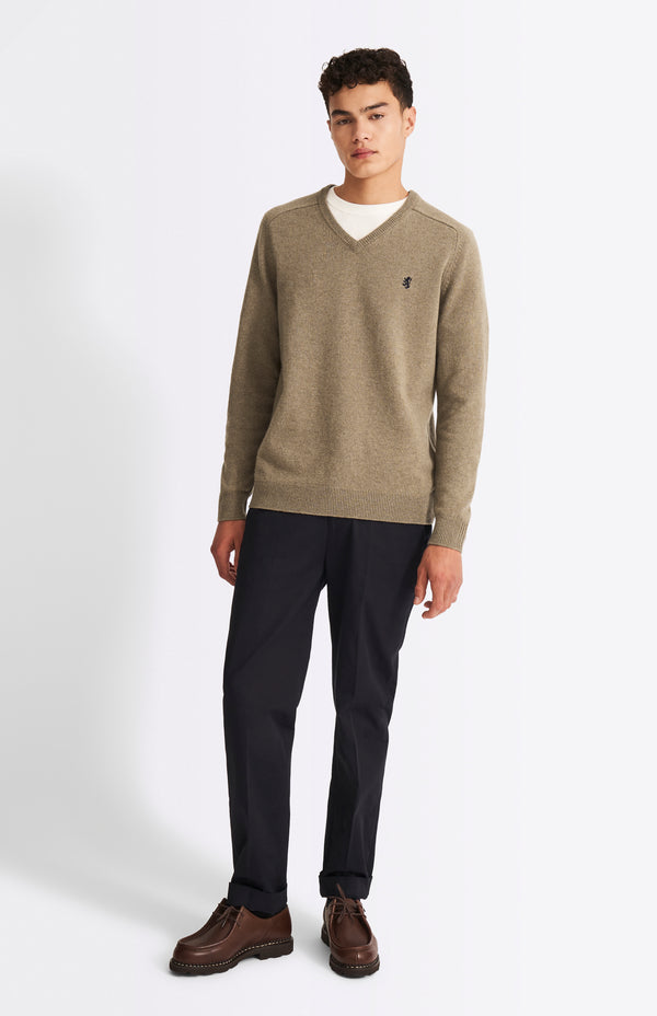 Pringle Of Scotland V Neck Lambswool Jumper In Dark Natural With Contrast Tipping