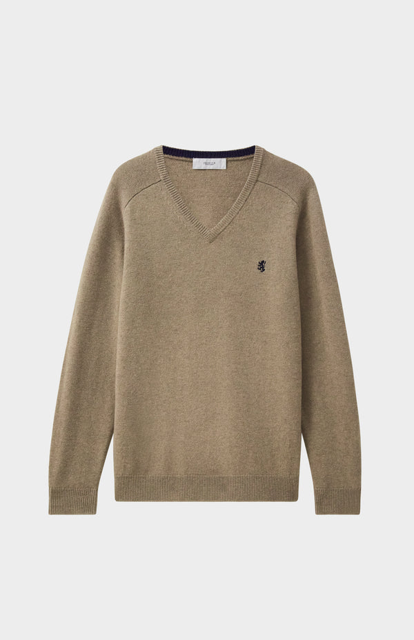 Pringle Of Scotland V Neck Lambswool Jumper In Dark Natural With Contrast Tipping