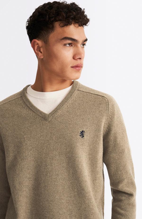 pringle of scotland V Neck Lambswool Jumper In Dark Natural With Contrast Tipping