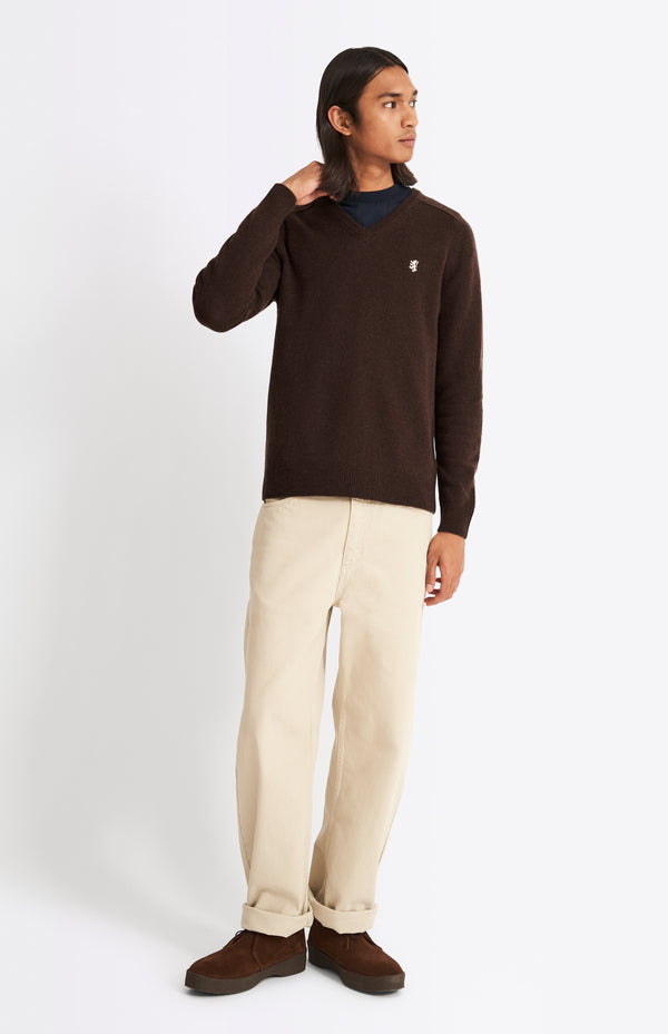 Pringle Of Scotland V Neck Lambswool Jumper In Dark Umber With Contrast Tipping