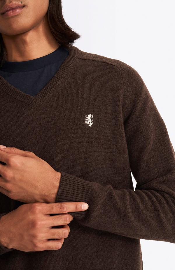 Pringle Of Scotland V Neck Lambswool Jumper In Dark Umber With Contrast Tipping