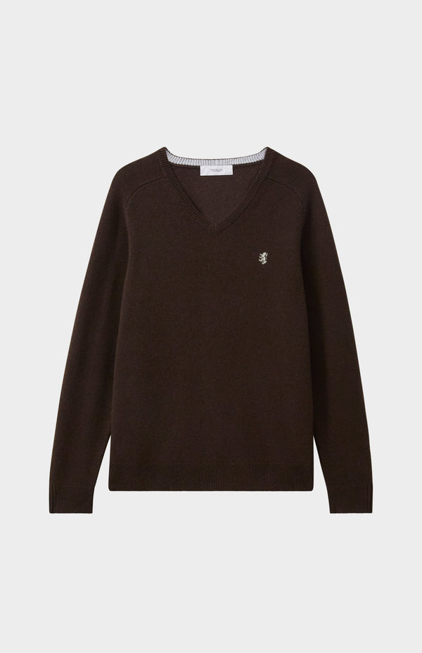 Pringle Of Scotland V Neck Lambswool Jumper In Dark Umber With Contrast Tipping