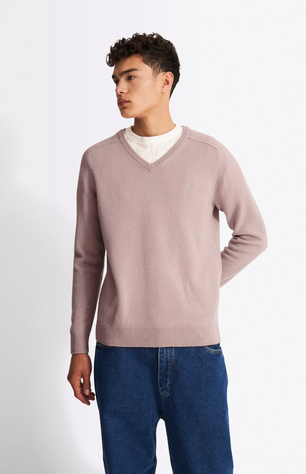 Pringle Of Scotland V Neck Lambswool Jumper In Dusty Pink With Contrast Tipping