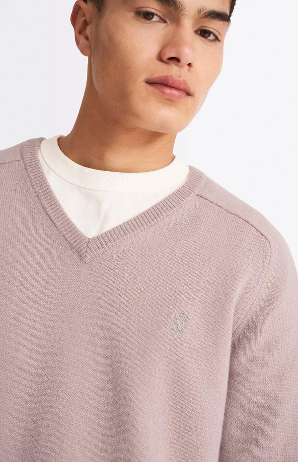 Pringle Of Scotland V Neck Lambswool Jumper In Dusty Pink With Contrast Tipping
