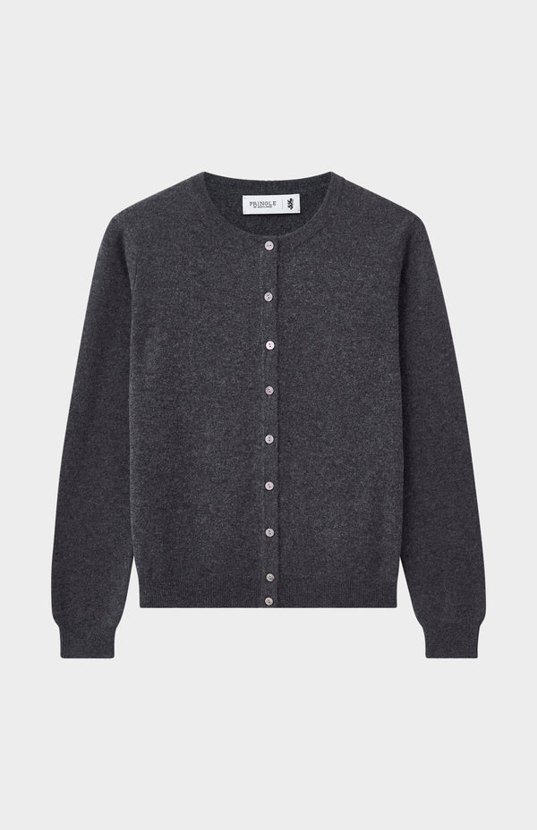 pringle of scotland Womens Classic Round Neck Cashmere Cardigan In Charcoal