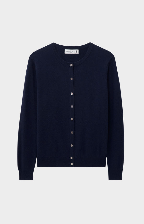 Pringle Of Scotland Womens Classic Round Neck Cashmere Cardigan In Navy Melange