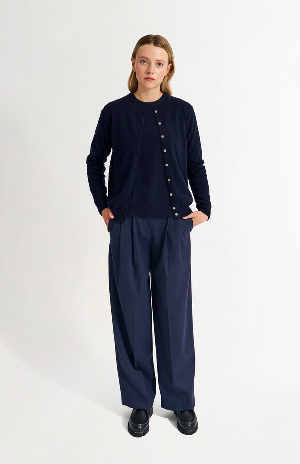 Pringle Of Scotland Womens Classic Round Neck Cashmere Cardigan In Navy Melange
