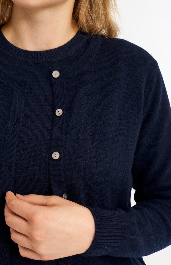 Pringle Of Scotland Womens Classic Round Neck Cashmere Cardigan In Navy Melange