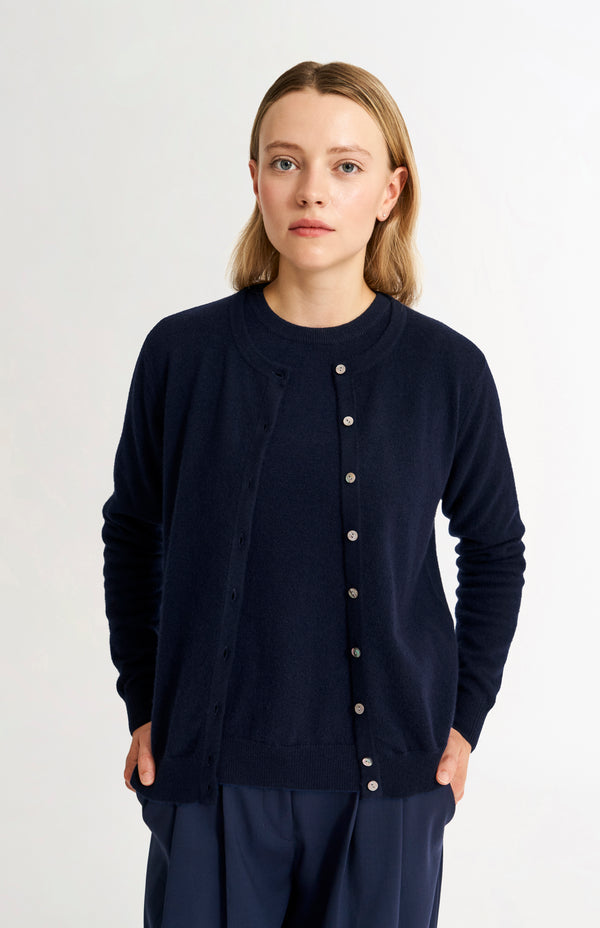pringle of scotland Womens Classic Round Neck Cashmere Cardigan In Navy Melange